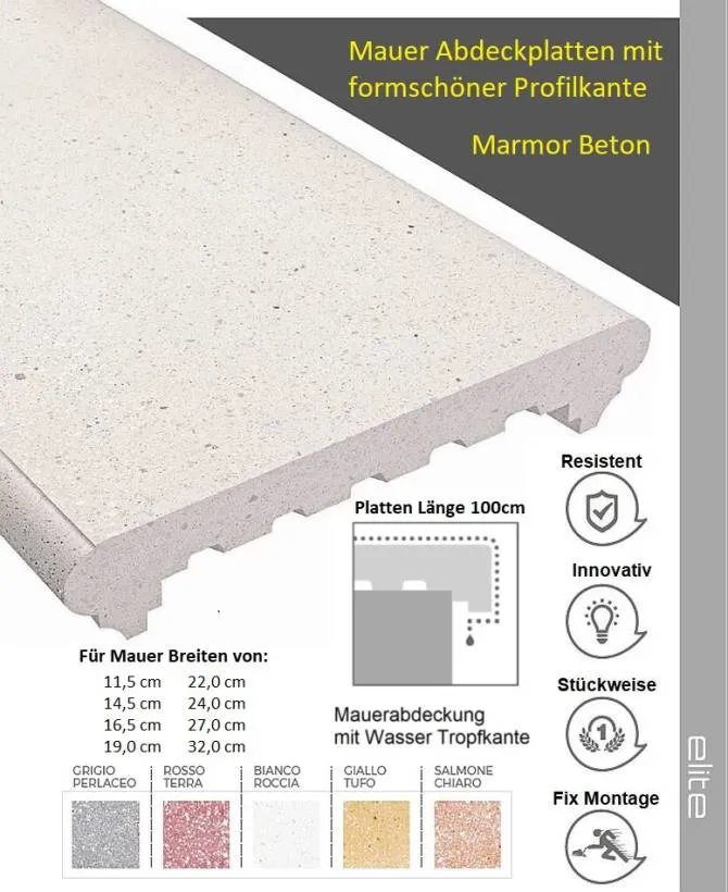 Mauerabdeckungen Marmorbeton Elite System 100cm lang in 8 Breiten & 5 Farben